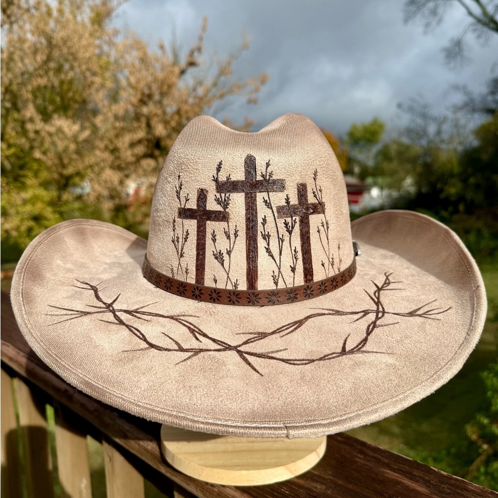 Cross Burned Cowboy Hat, Crown of Thorns, Hand Burned Cross Hat